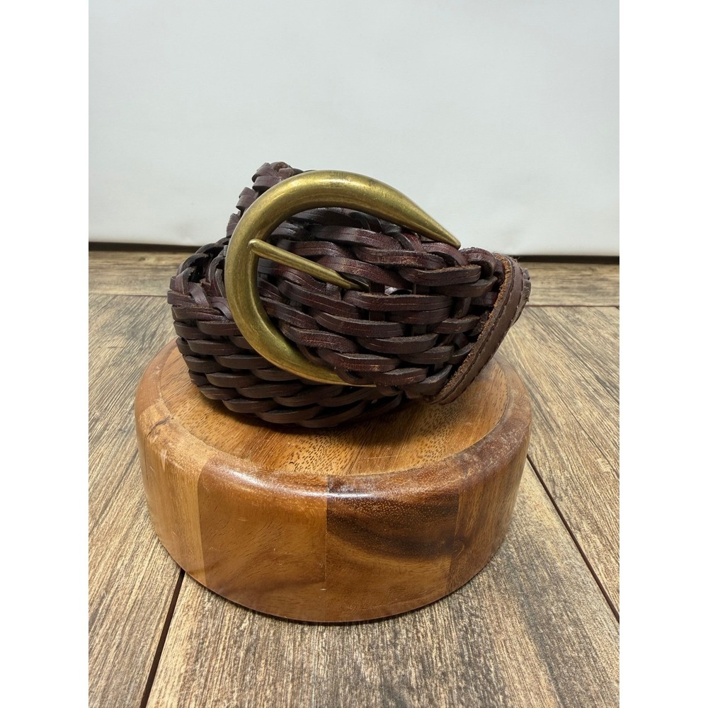 Lands End Womens Braided Leather Belt Brown Woven Brass Buckle Size 32 803